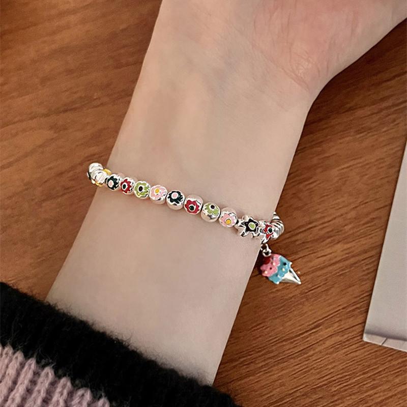 Korean Style S925 Sterling Silver Flower & Ice Cream Charm Bracelet for Women - Sweet Enamel Rainbow Beads Fashion Jewelry