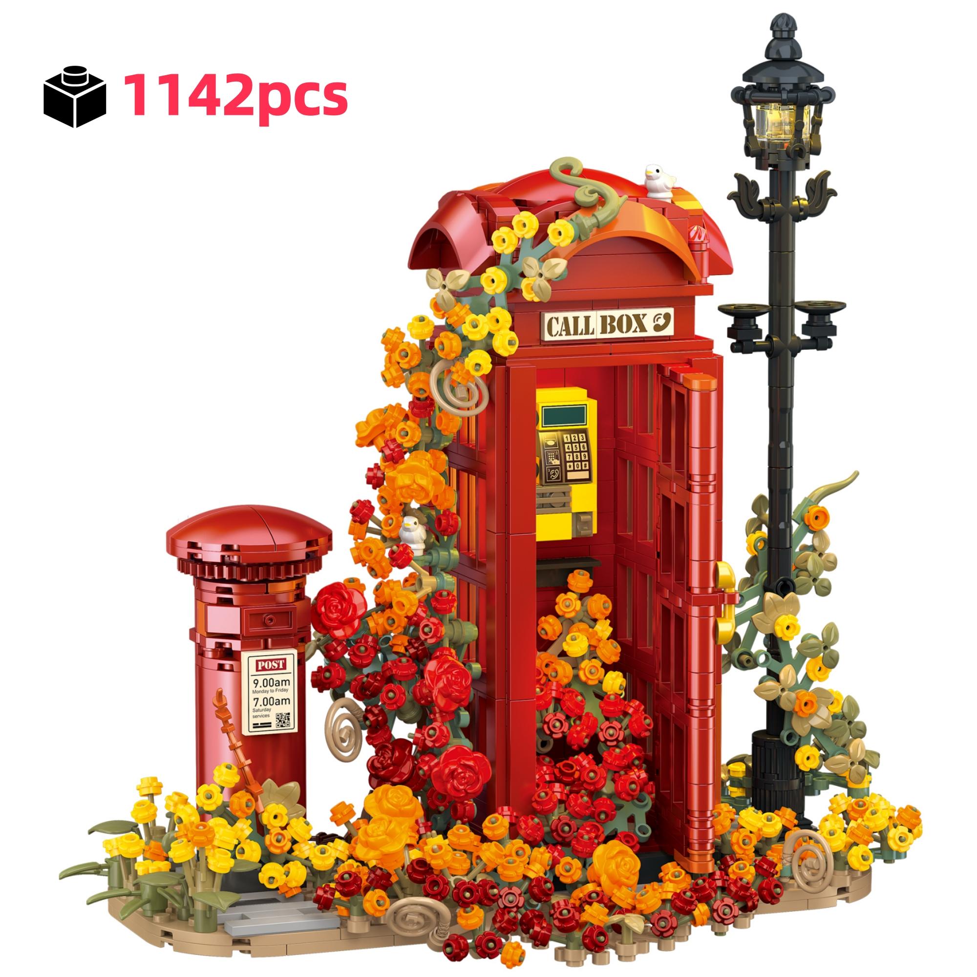 

1142Pcs Retro British Phone Booth Construction Blocks Toy European Series Mailbox Floral Light Detail Creative Ornament MOC Present S