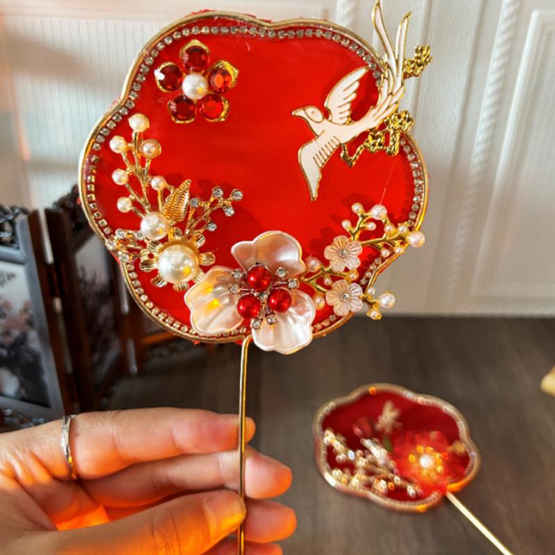Chinese Style Embroidery Fan With Ancient Style Long Handle Tassel Mini Wedding Fan Chinese Hanfu Cheongsam Dance Hand Fan
