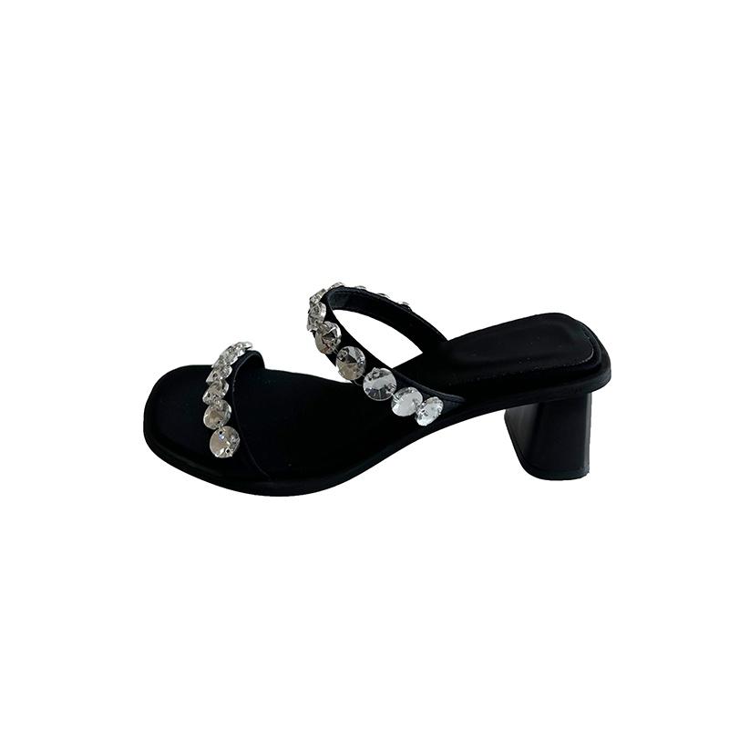 Fashion Chunky Sandals Summer New Square Head Shallow Mouth Rhinestone Buckle Anti-slip Wear-resistant High Heels