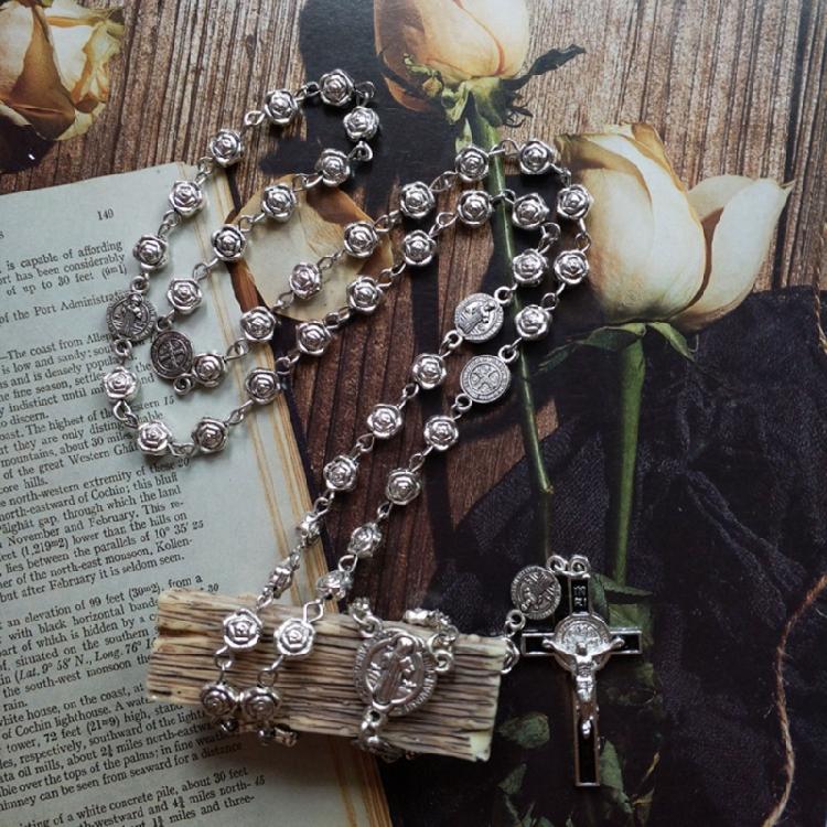 Rose Rosary Beads Rosary Necklace Catholic Prayer Silver Beads High Quality
