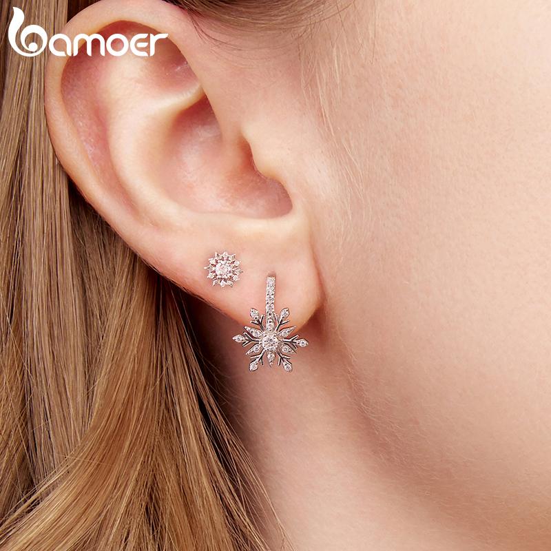 BAMOER 925 Sterling Silver Shining Ice Flower Stud Earrings Paved CZ Snowflakes Halo Earrings for Women Sparkling Winter Gift
