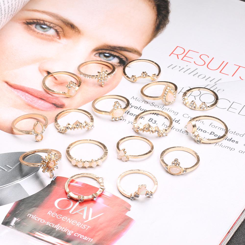 Imitation Opal Diamond Joint Ring 16-Piece Crown Droplet Retro Style Set Ring