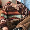 Men Autumn Sweater Geometric Print Colorful Long Sleeves Round Neck Loose Warm Thick O Neck Elastic Spring Sweater for Daily Wear