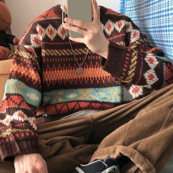 Men Autumn Sweater Geometric Print Colorful Long Sleeves Round Neck Loose Warm Thick O Neck Elastic Spring Sweater for Daily Wear