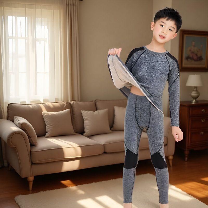 Boys' heating long johns Children's medium and older children's fleece thickened German fleece suit Boys' baby thermal underwear