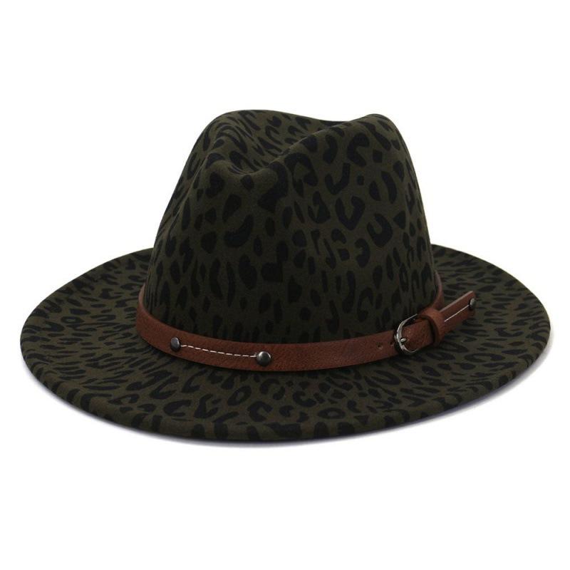 Men and Women European and American Big Eaves Hat Fashion Flat Hat Autumn and Winter British Style Leopard Print Woolen Jazz Top Hat MNDJS