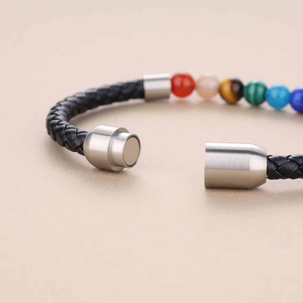 Koai Chakra Power Stone Genuine Leather Lucky Charm Bracelet for Men Seven-Color