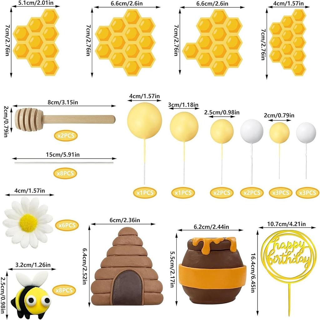 Birthday Cake Topper Bee Theme Multicolor Clay Honeycomb Daisy Ball Insert Decorations for Children's Party