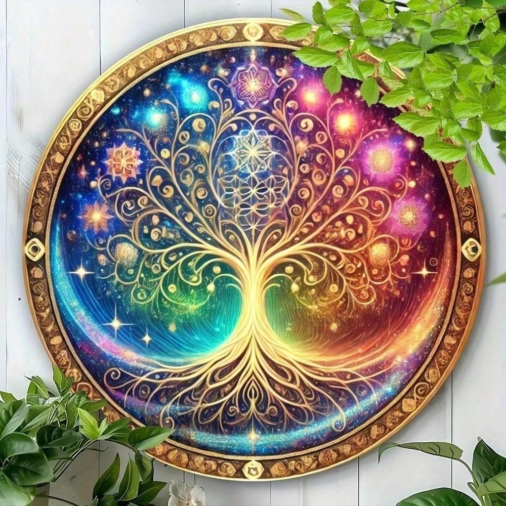 Tin Tree of Life Metal Wall Art 8 Inch Round Mandala Boho Decor