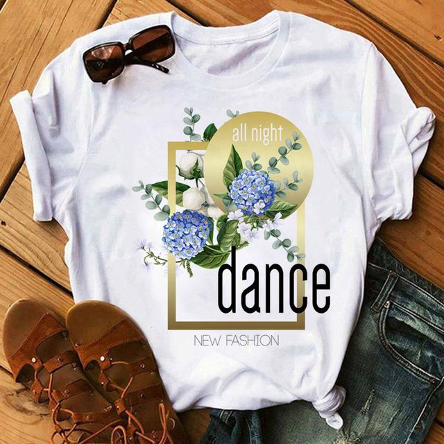 Fashion Women T Shirt Flower Printed T Shirt Casual Black Tops 90s Ladies Girl Tee Shirt Female Harajuku Graphic T -Shirt