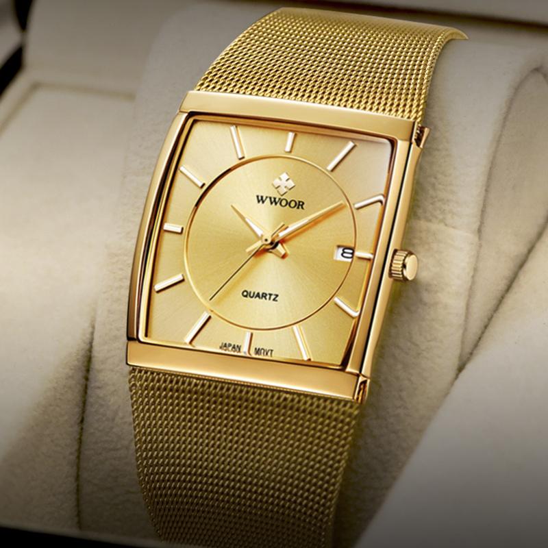 Wwoor Brand Luxury Gold Men Square Japan Quartz Slim Mesh Steel Waterproof Sports Automatic Date Wrist Watches Relogio Masculino