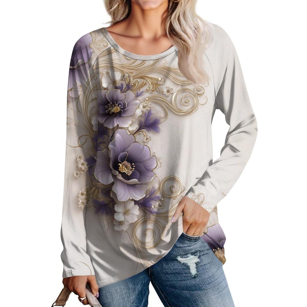 Women's Fashion Casual Long Sleeve  Print Round Neck Pullover Top Blouse