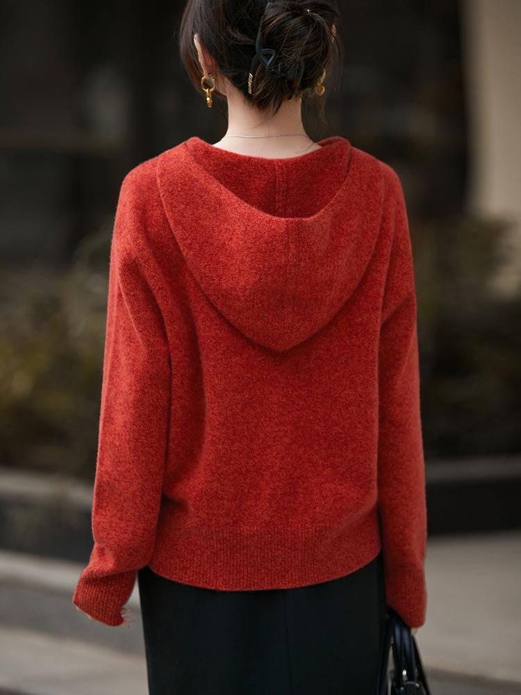 Cozy 100% Ultra-Fine Wool Hooded Drop Shoulder Sweater for Autumn and Winter