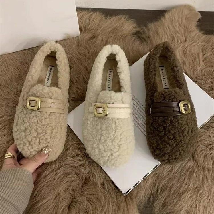 2025 new autumn and winter lamb wool warm piled cotton ladyshoes Korean version gentle pedal wool shoes women's outer wear