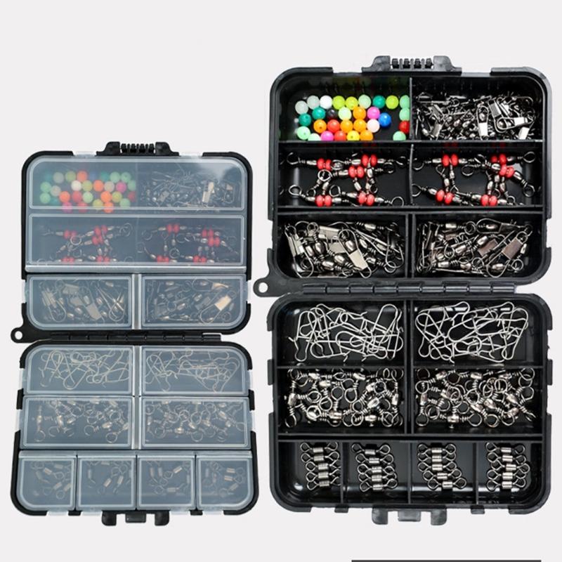 140Pcs/Set Fishing Swivels Snaps Set with Beads and Storage Box Barrels Swivels 3 Way Barrels Rolling Swivels Fishing Tackle