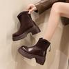 Skinny Back Zipper Booties Women's Autumn and Winter 2026 New Soft Leather Heightened Platform Retro Block Heel Shoes