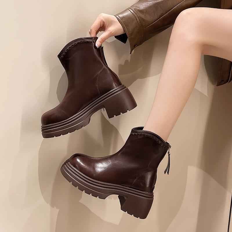 Skinny Back Zipper Booties Women's Autumn and Winter 2026 New Soft Leather Heightened Platform Retro Block Heel Shoes