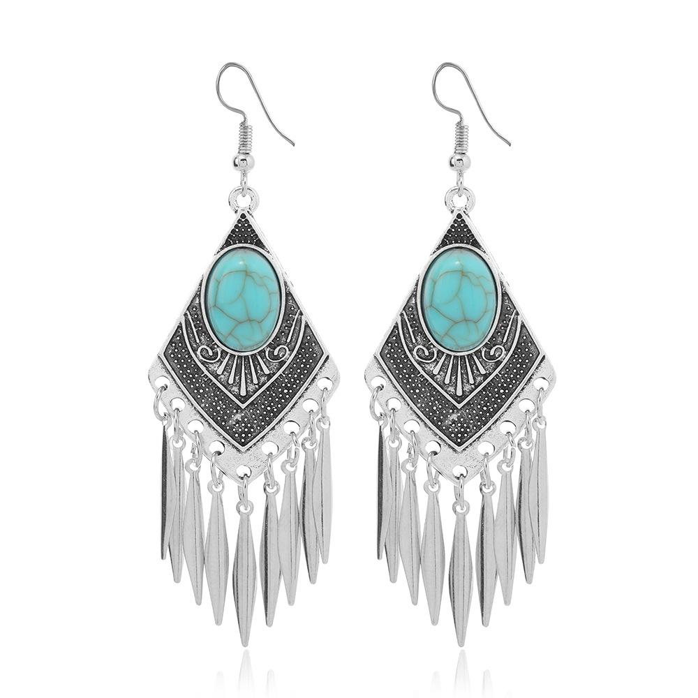Vintage Ethnic Jewelry Bohemian Antique Silver Color Alloy Imitation Turquoise Tassel Earrings For Women's Party Accessories