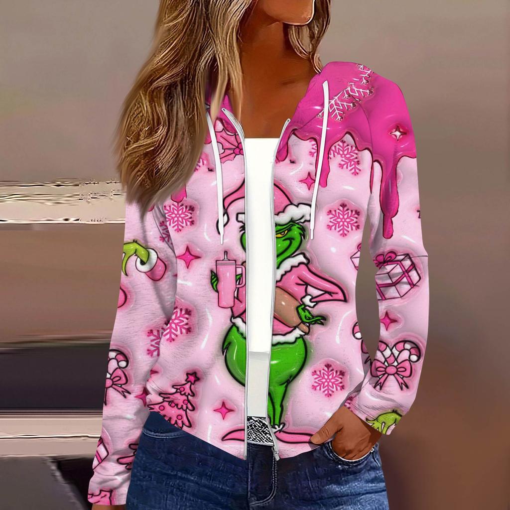 Dámská móda Vánoční potisk Ležérní rozepínací bunda s dlouhým rukávem a kapucí