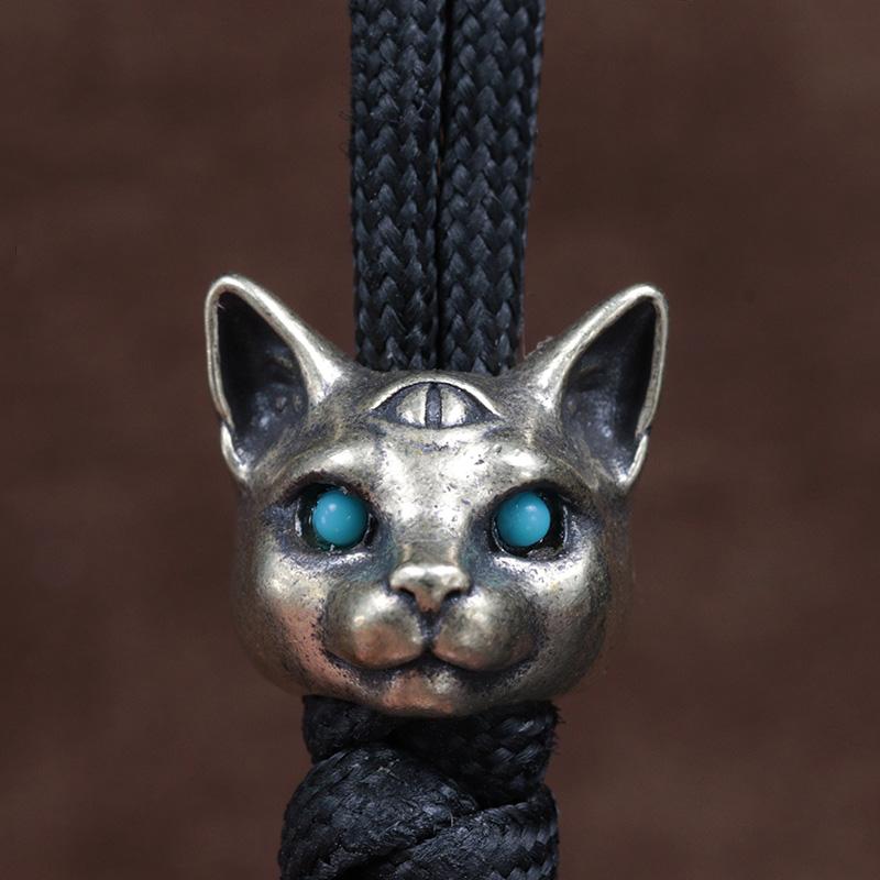 Three Eyed Egyptian Cat Brass Knife Beads EDC DIY Paracord Woven Bracelets Lanyard Pendants Accessories Outdoor Tool Hangings