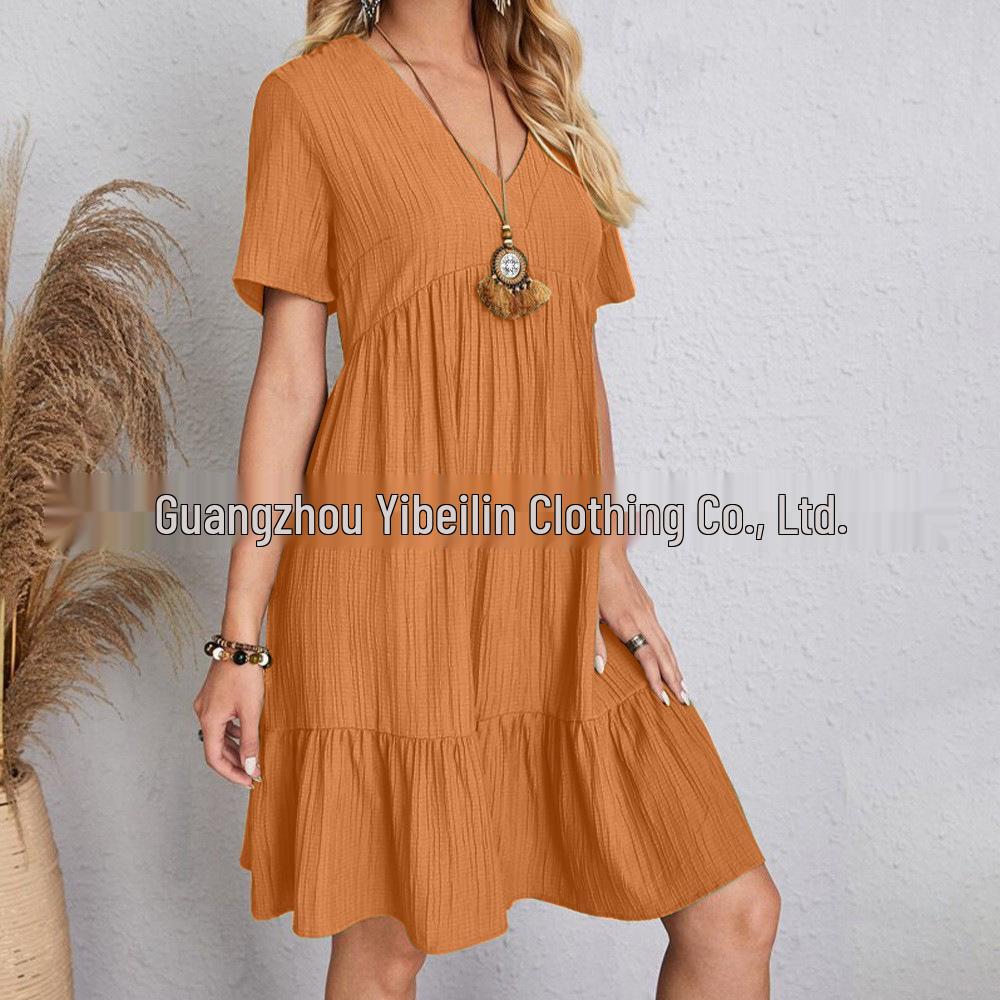 2026 Summer Women's Casual Short Sleeve Belted Flowy Dress