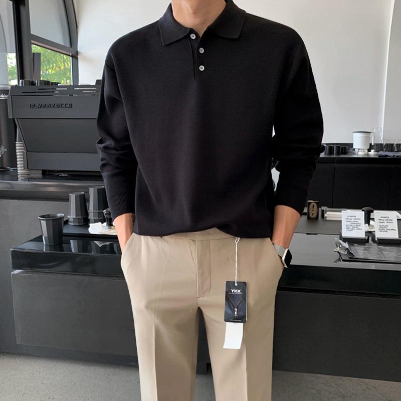 

Весенняя новая мужская свободная универсальная однотонная трикотажная рубашка с длинными рукавами и воротником-поло 2XL чёрный