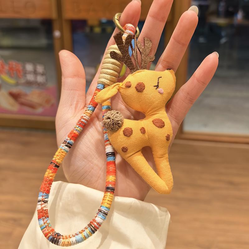Cute Fabric Deer Bag Charm, Handmade Plush Deer Keychain with Colorful Braided Rope