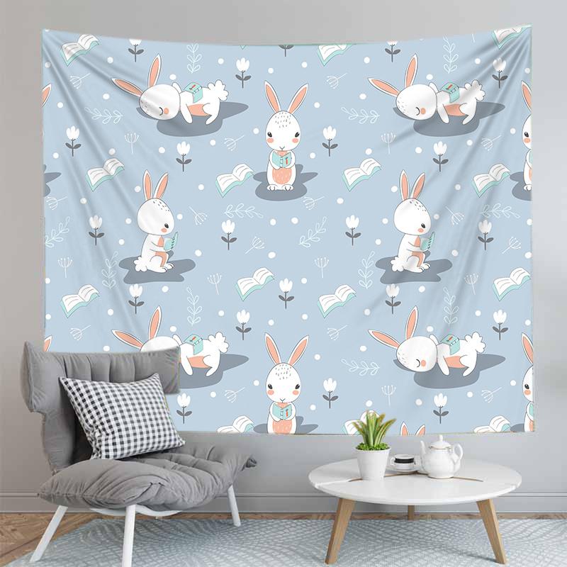 Cute Rabbit Print Tapestry for Girl Boys Dorm Room Decor Easter Rabbit Wall Hanging Kawaii Greetings and Presents for Easter Day