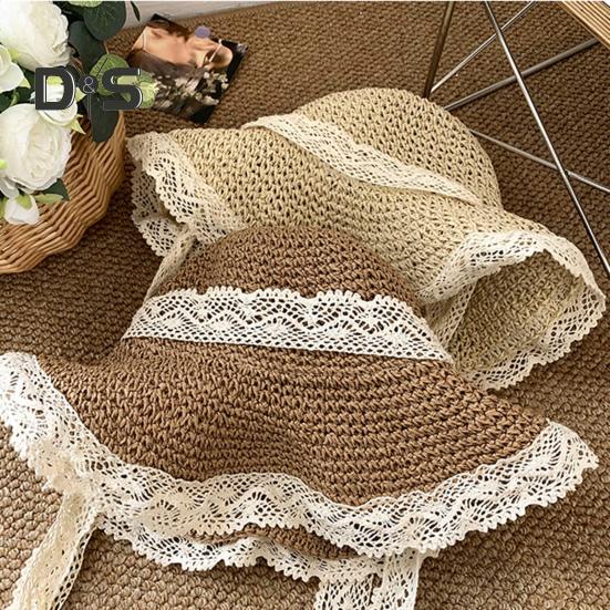 Stroh-Sonnenhut für Damen, faltbar, atmungsaktiv, größenverstellbar, Spitzenbesatz, Strandhut, Outdoor-Aktivitäten, Sport, Alltagskleidung