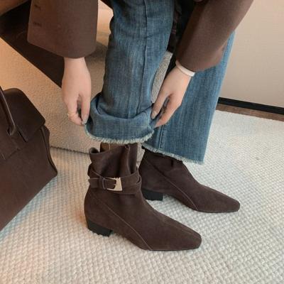 Square-toed Belt-buckle Ankle Boots, Women's Chunk-heeled Boots, Retro Versatile Boots, Women's Shoes