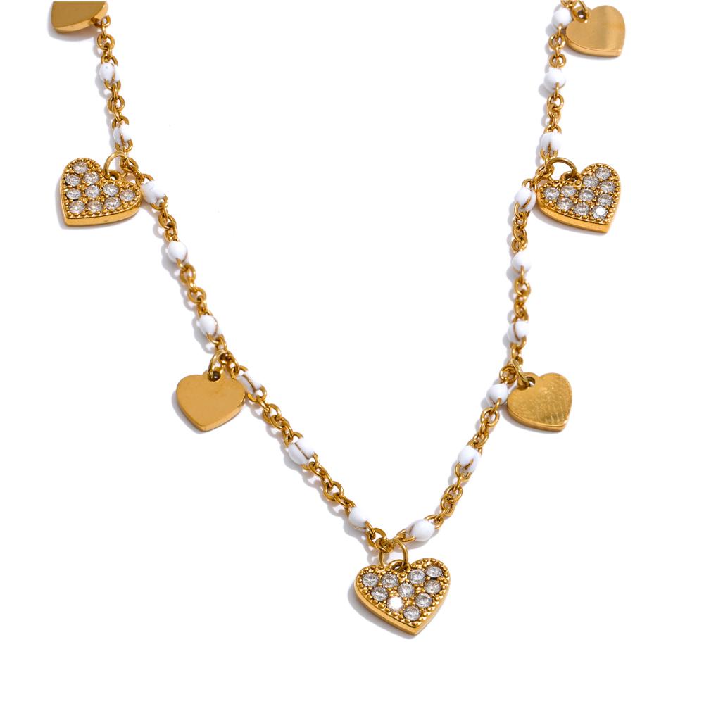 

Yhpup White Green Zirconia Heart Drop Necklace Fashion Stainless Steel Enamel Chic Chain Collar Jewelry Waterproof for Women