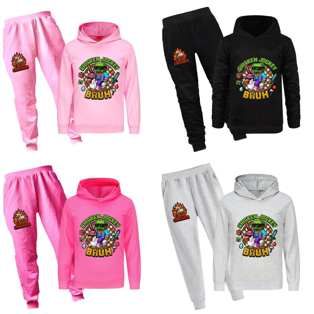 Minecraft Hühner-Jockey Kinder Cartoon Hoodie und Hose Set Aus Baumwolle Für Lässige Winterkleidung