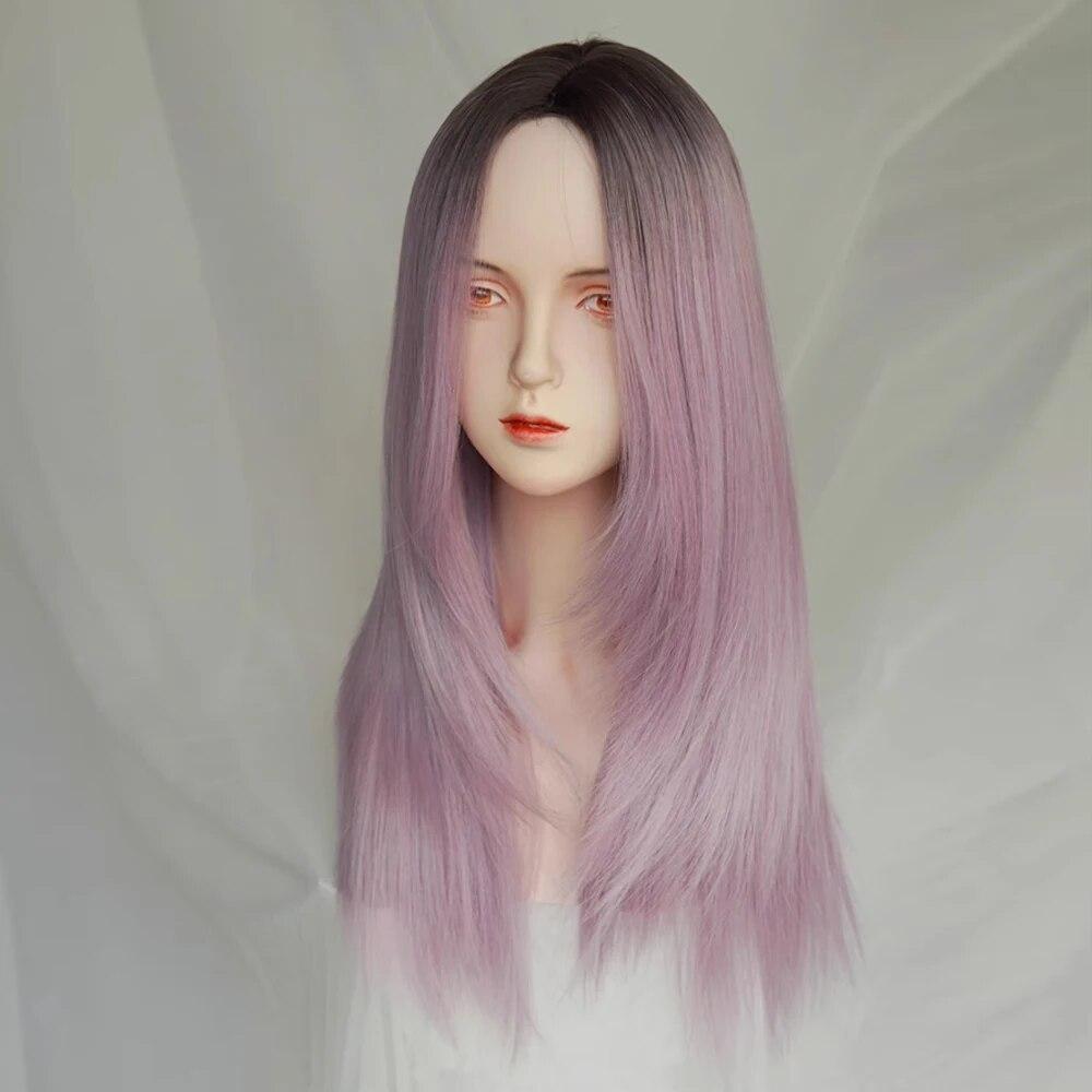 Perruque synthétique longue violette mixte avec raie au milieu pour femme, style Lolita, cheveux naturels et duveteux, résistante à la chaleur, idéale pour un usage quotidien ou une soirée.