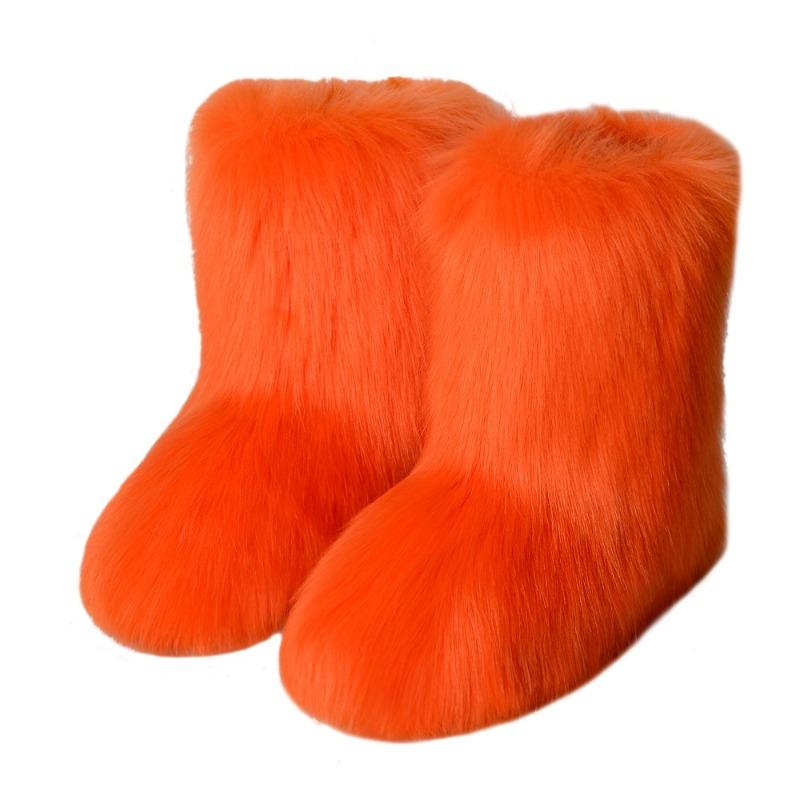 Flat heel high top warm winter furry boots deep mouth round head medium tube imitation fox fur snow boots women