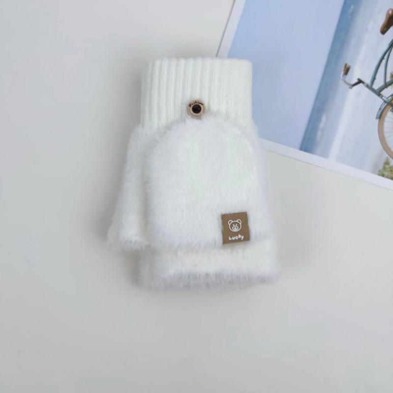 

Вязаные плюшевые перчатки-митенки для женщин, теплые осенне-зимние однотонные, студенческие для печати и письма белый