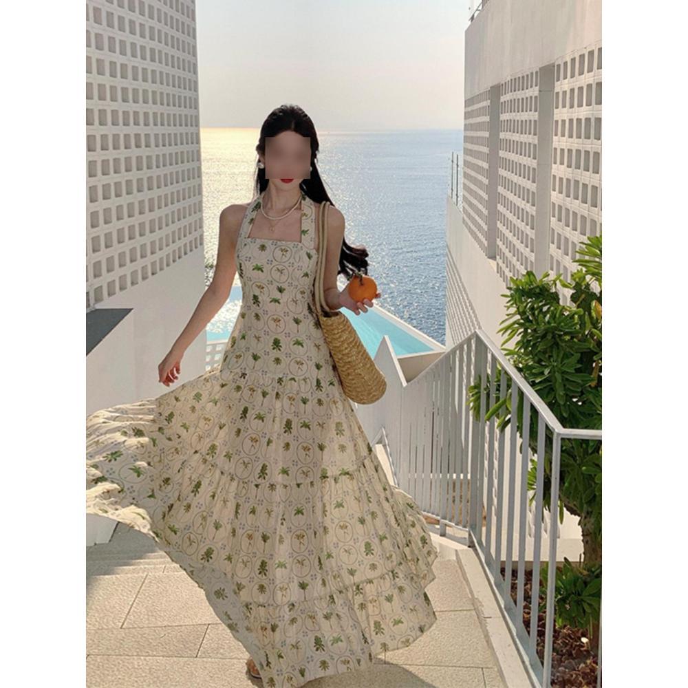 Urlaub am Meer langes Kleid Mori süßes Temperament bedruckt ärmellos Halskleid Damen lässiges großes rückenfreies A-Linien-Kleid