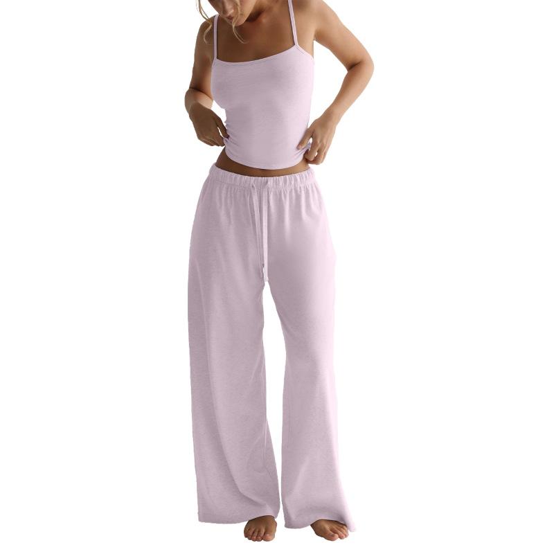 Summer Camisole Crop Top Long Pants Casual Wide Leg Pants Lazy Style Set For Women