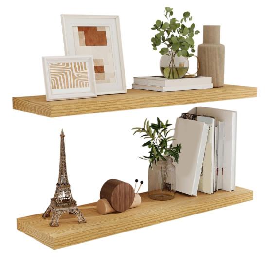 2Pcs/Set Wooden Floating Shelves Wall Mounted Storage Display Shelves Rustic Floating Wall Shelves for Bathroom Bedroom Living Room Kitchen Decor