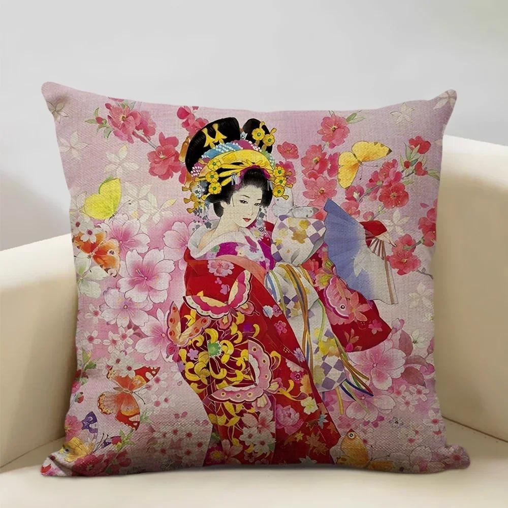 Classic Japanese Lady Decorative Cushion Cover Living Room Sofa Pillow Case 45x45cm Linen Pillowcase Home Art Decor