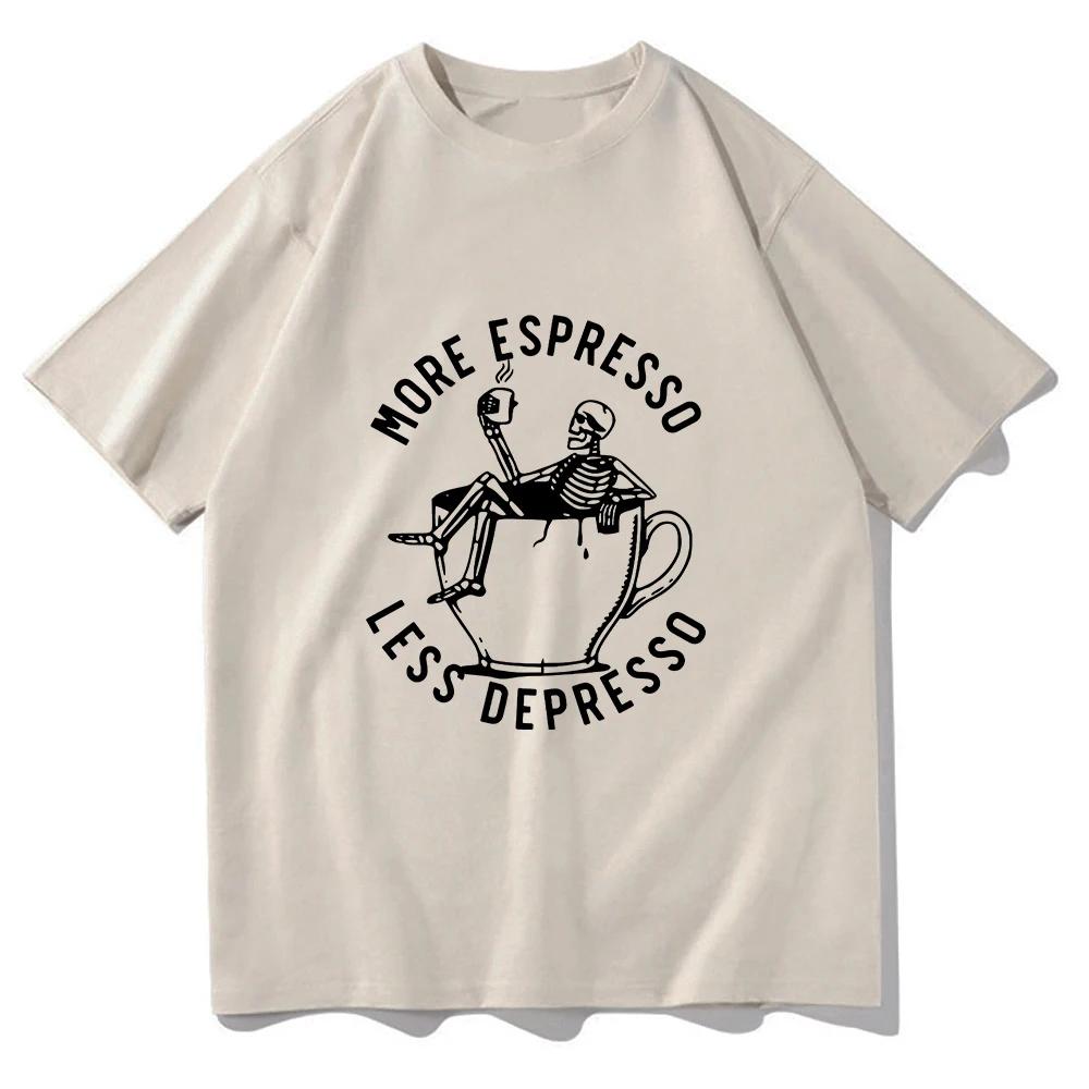 Summer Men's More Espresso Less Depresso Skeleton Drinking Coffee Pattern Print Horror Style 100% Cotton Short-sleeved T-shirt