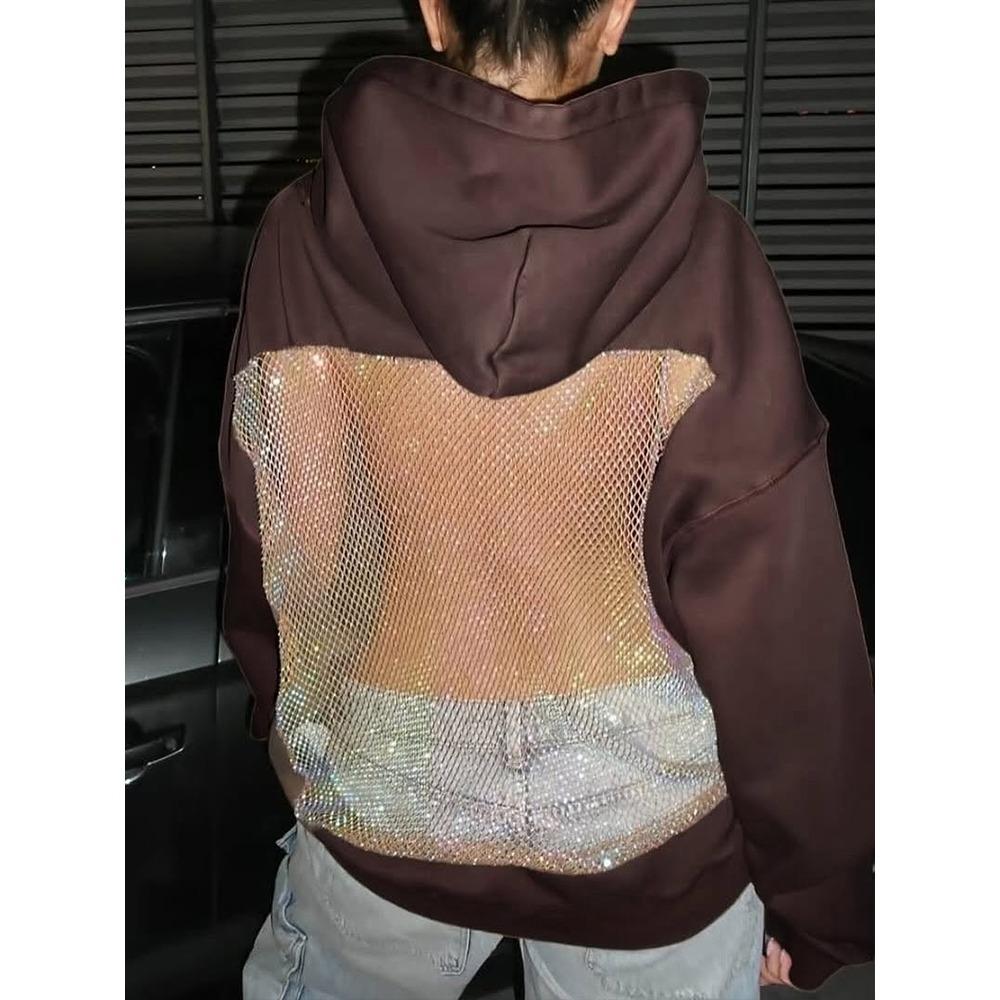 Dámská jednobarevná módní mikina s kapucí s dlouhým rukávem a odhalenými zády z duté síťoviny