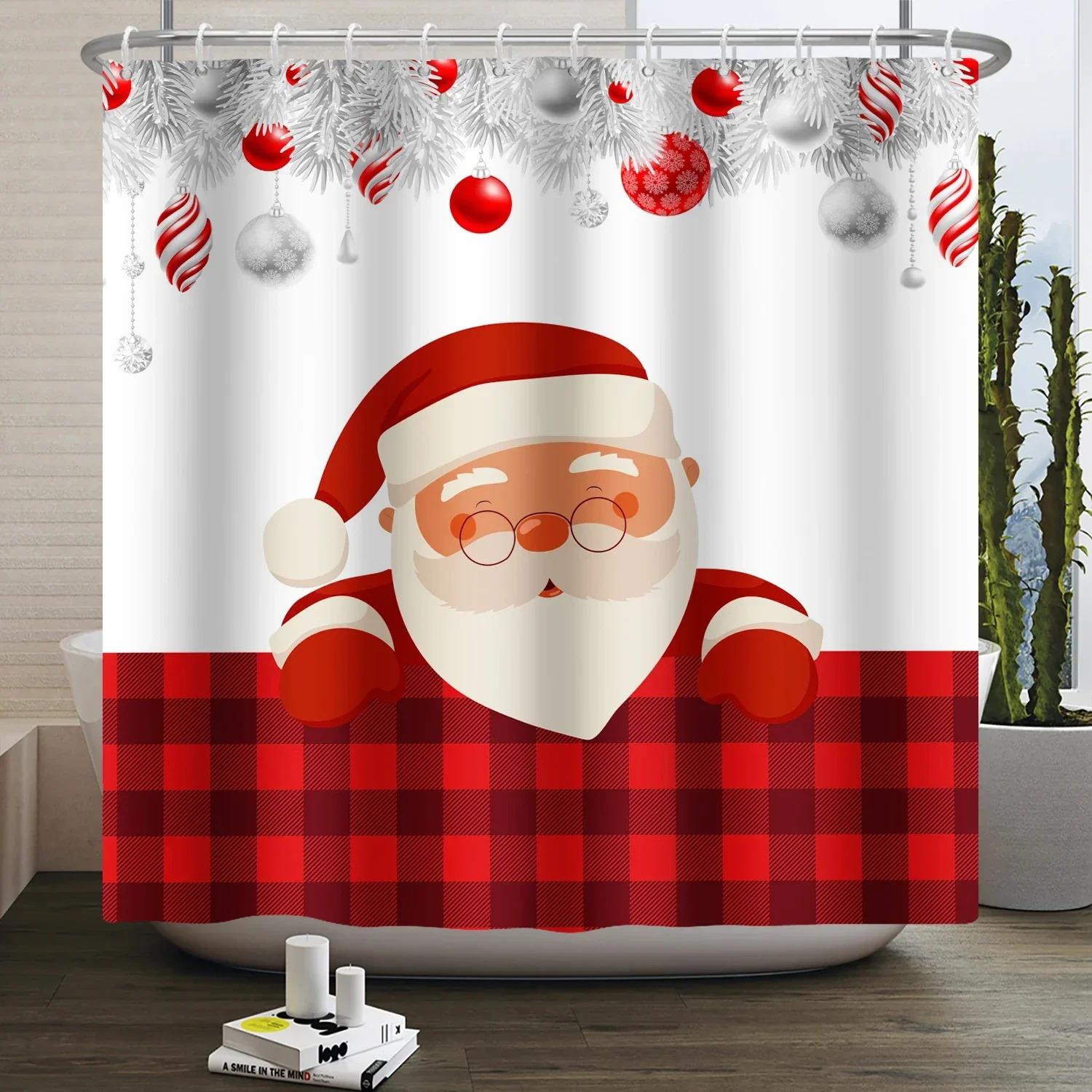

ZYQ01Fun Christmas Shower Curtain, Santa Fireplace Pine Christmas Ball Dwarf Red Truck Elk Gift, Bathroom Decoration Shower 6Bn% 120x180cm-47x70in