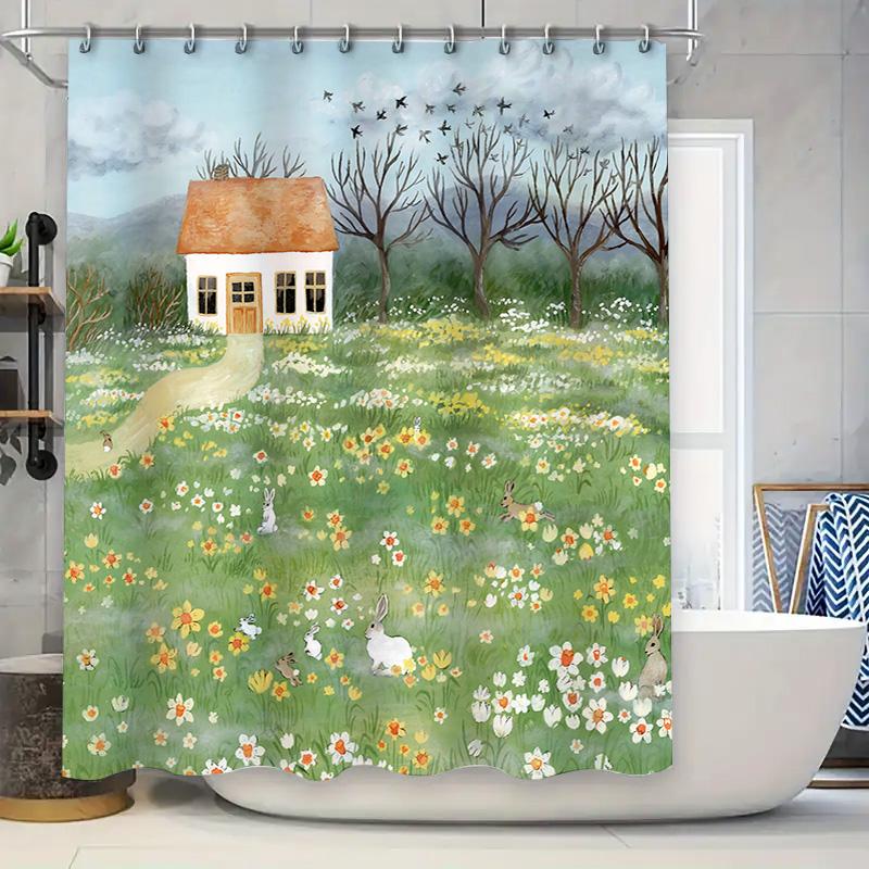 

Charming Countryside Cottage Shower Curtain Art With Rabbits Flowers For Bathroom Decor Easy To Clean And Maintain Elevate Space W60H190(CM)-1 Pcs