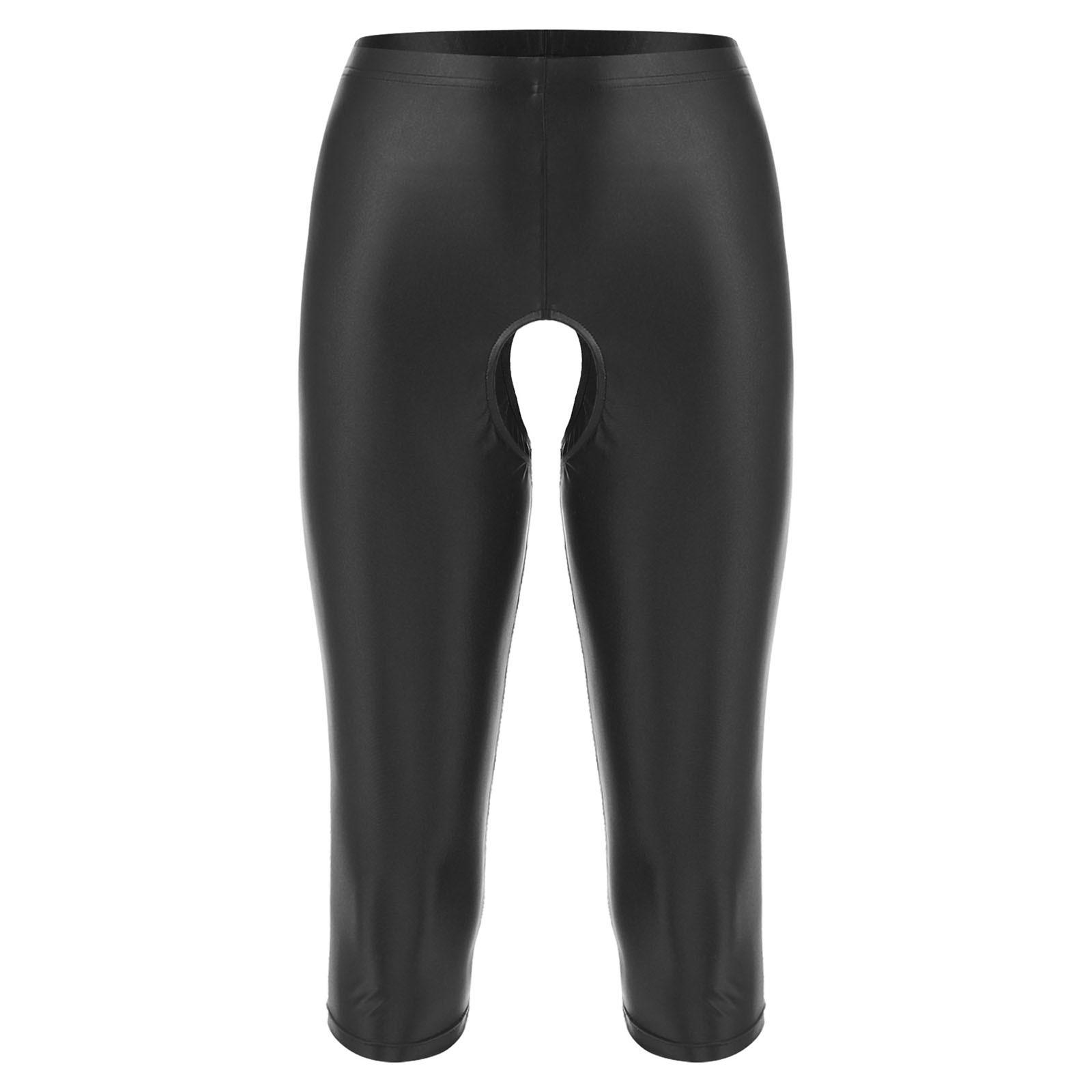 

Мужские глянцевые шорты с открытым шаговым швом, эластичный пояс, облегающие леггинсы, гладкая ткань для спортивного клуба L чёрный