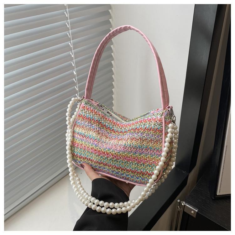 

Street Style 2024 New Summer Woven Women s Bag Pearl Hand-held Single Shoulder Crossbody Small Square Bag Striped Mini Bag Women рожевий