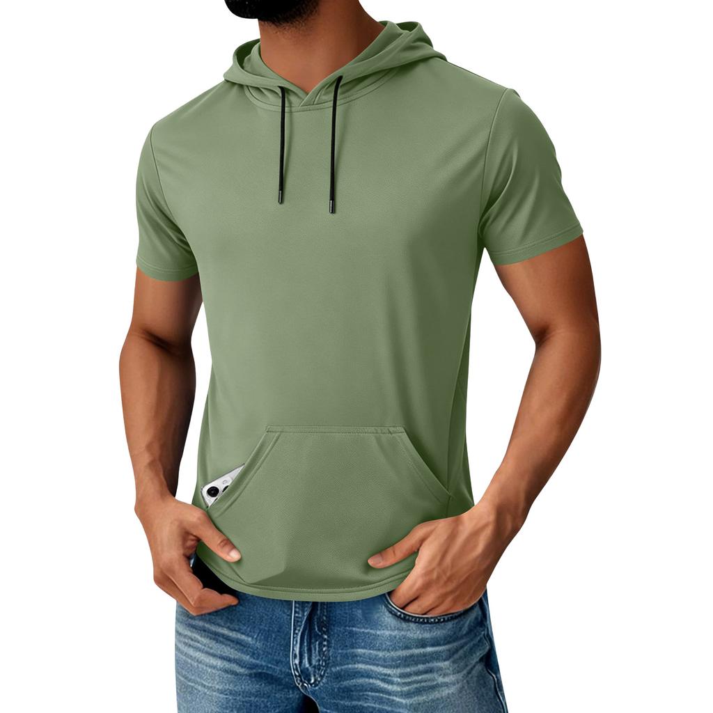 Men's Hooded Pocket Top Men's Casual Sports Quick Drying Short Sleeved Top