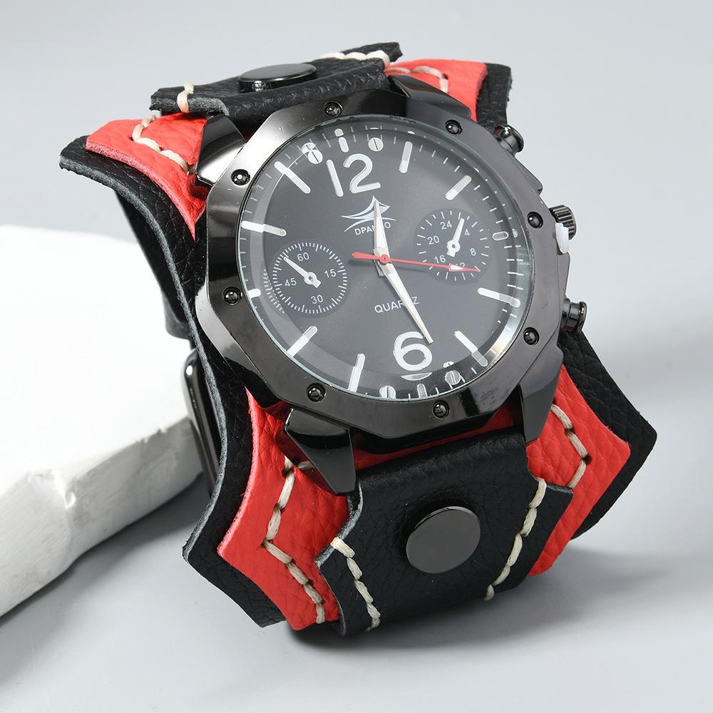 Orologio da uomo Punk Vintage con cinturino multistrato in pelle di mucca cucito a mano e quadrante grande