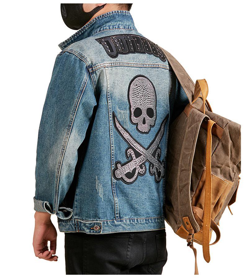 Xintang Men's Rhinestone-Studded Denim Jacket - Plus Size, Heavy Embroidery, Loose Fit Outwear