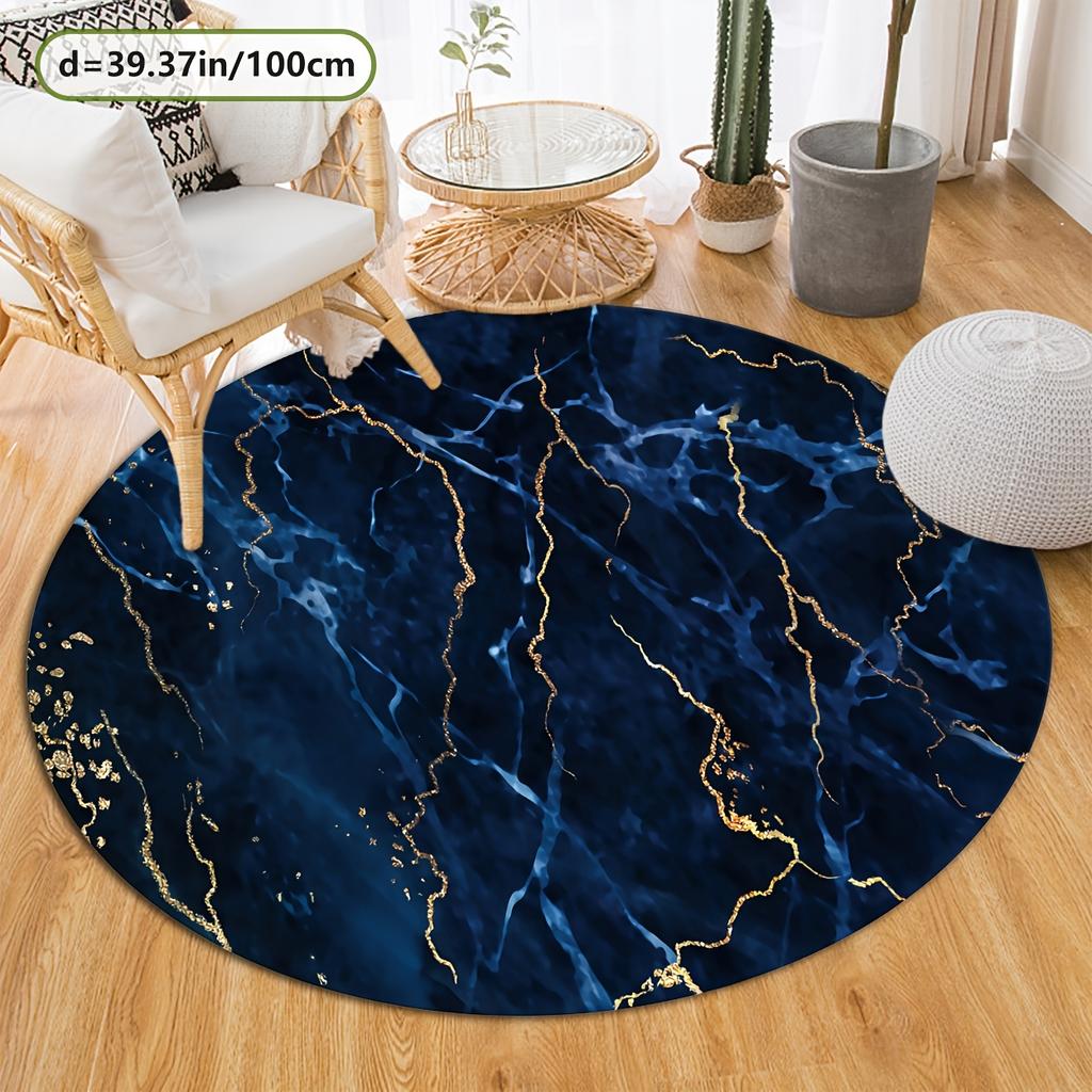 Plush Blue Gold Round Mat, Comfortable Low Pile Carpet, Abstract Artistic Design for Living Room, Washable Non-Slip Decor